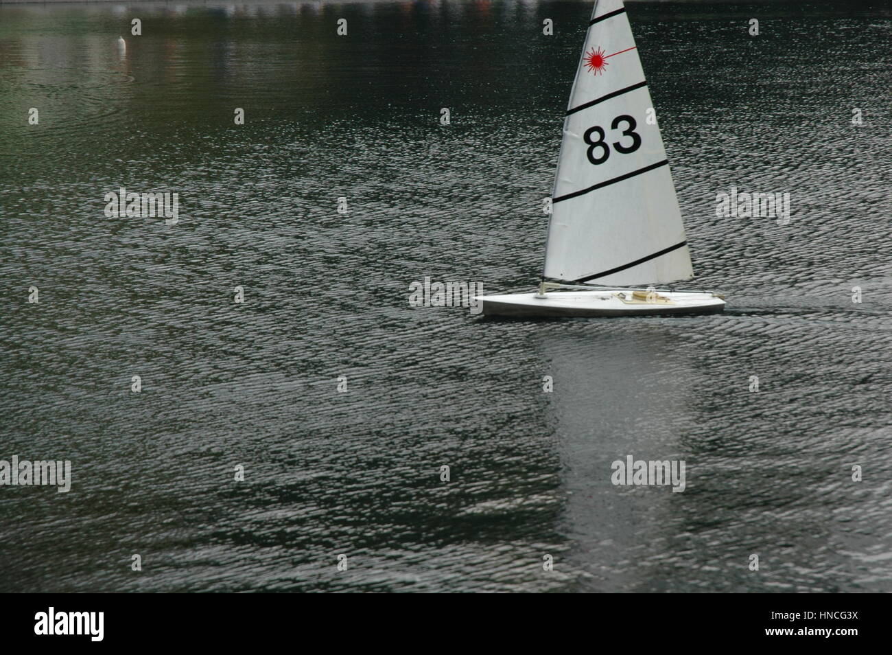 Single remote control sailboat racing in water Stock Photo