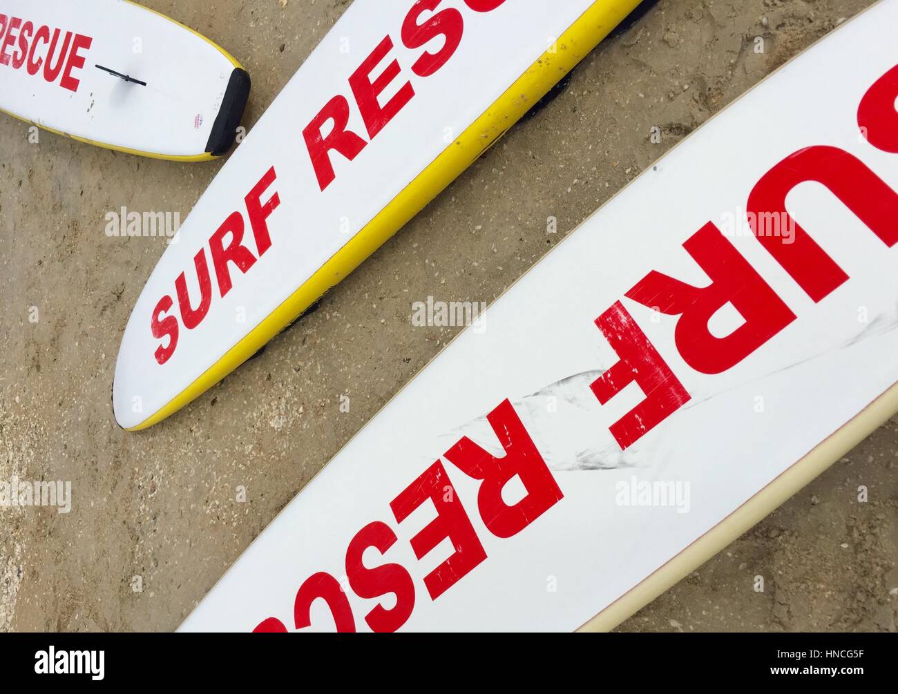 Australian beach lifesaver surfboards on the sand Stock Photo