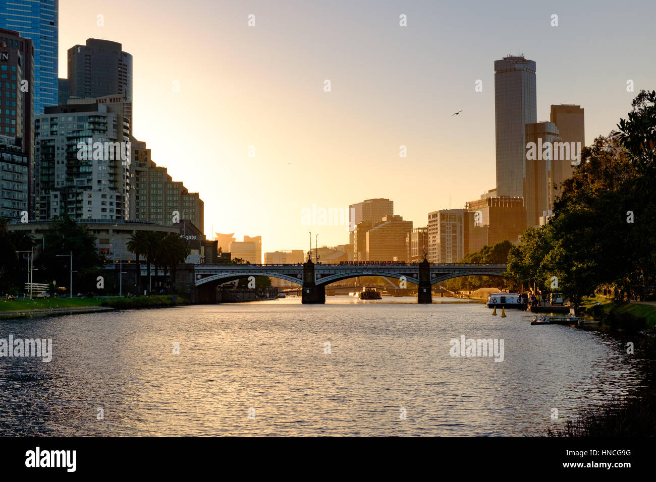 View from Birrarung Marr along the Yarra River towards the city with the Princess Bridge, Southbank and the southern CBD, Melbourne, Australia. Stock Photo