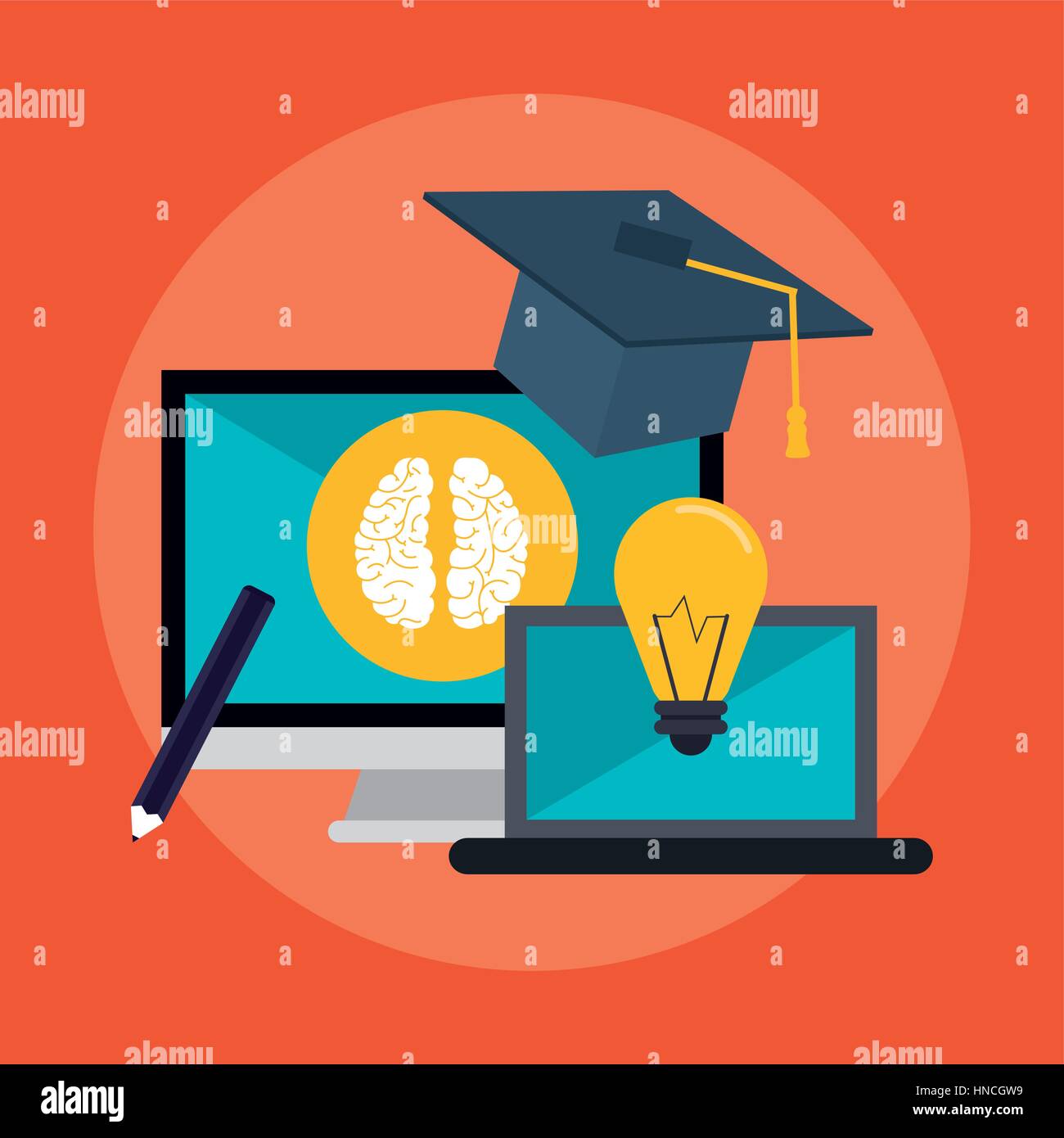 computer, graduation cap and bulb icon over red background. colorful ...