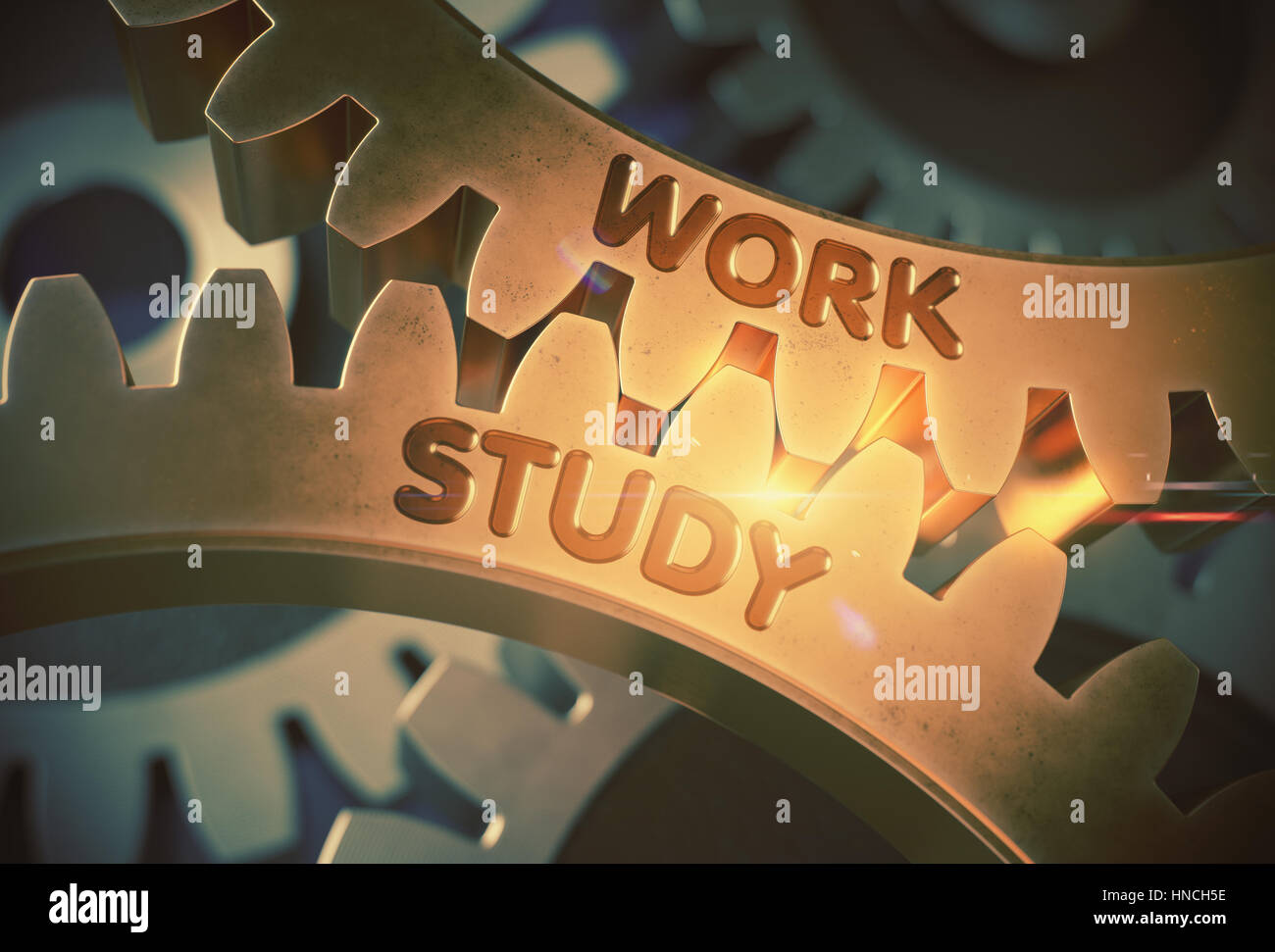 Work Study on Golden Metallic Gears. 3D Illustration Stock Photo - Alamy