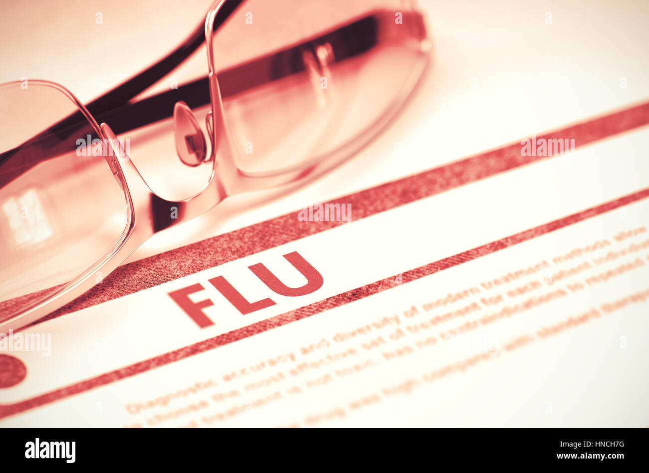 Flu. Medicine Concept on Red Background. 3D Illustration. Stock Photo