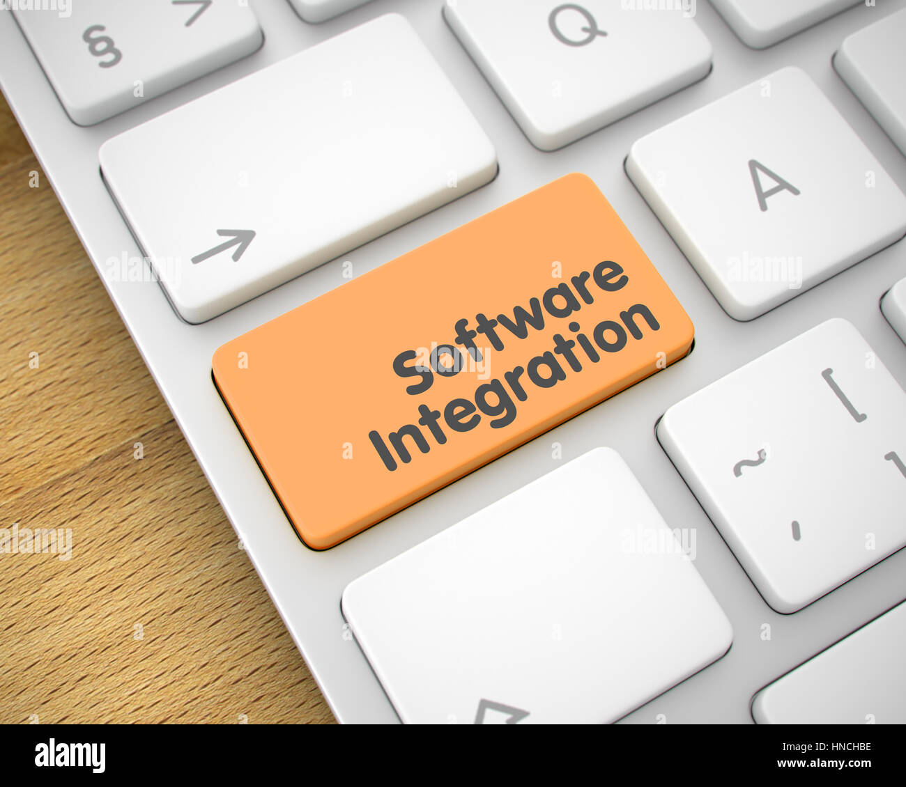 Software Integration - Message on Orange Keyboard Button. 3D. Stock Photo