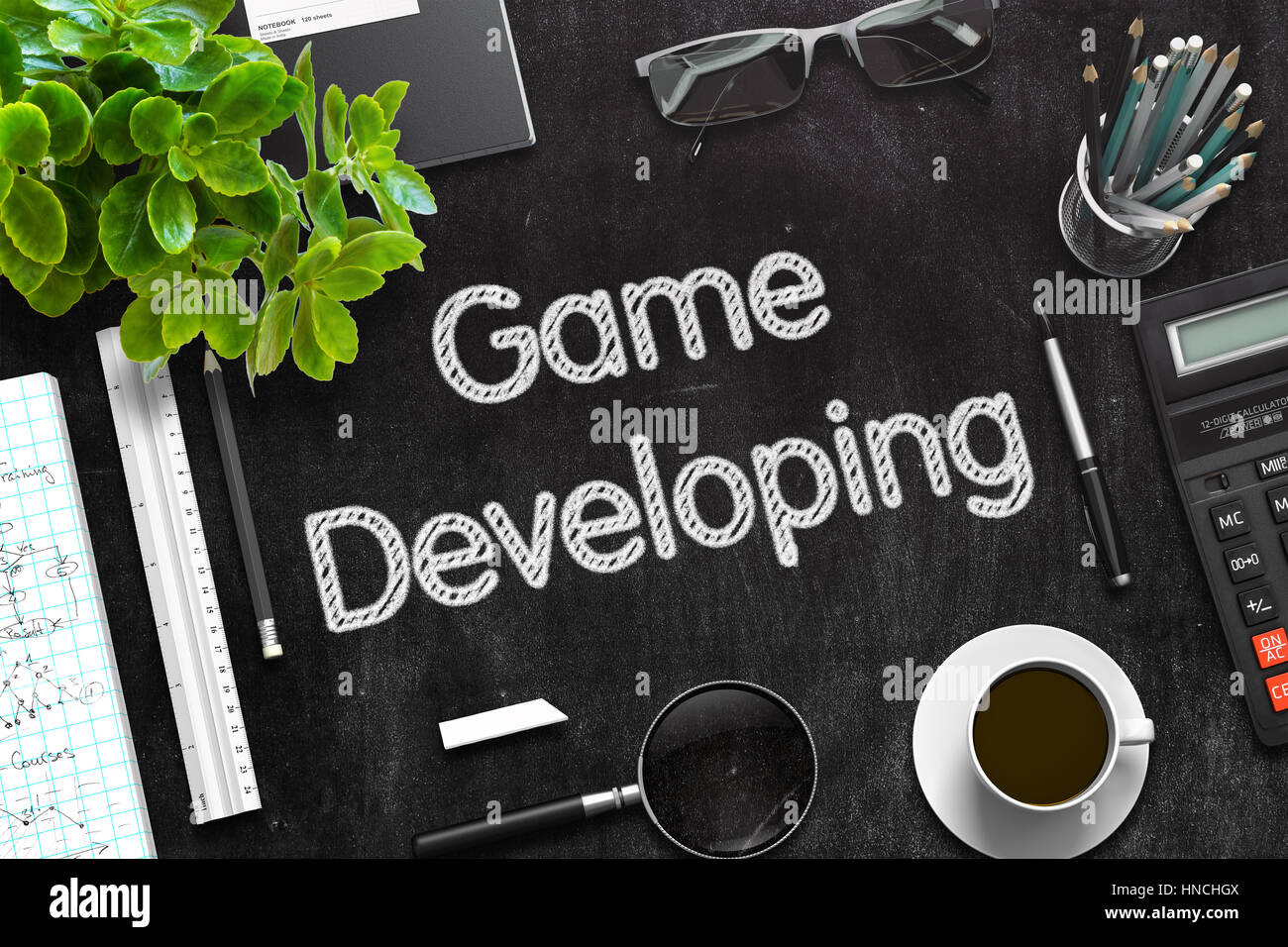 Game Developing Concept on Black Chalkboard. 3D Rendering Stock Photo