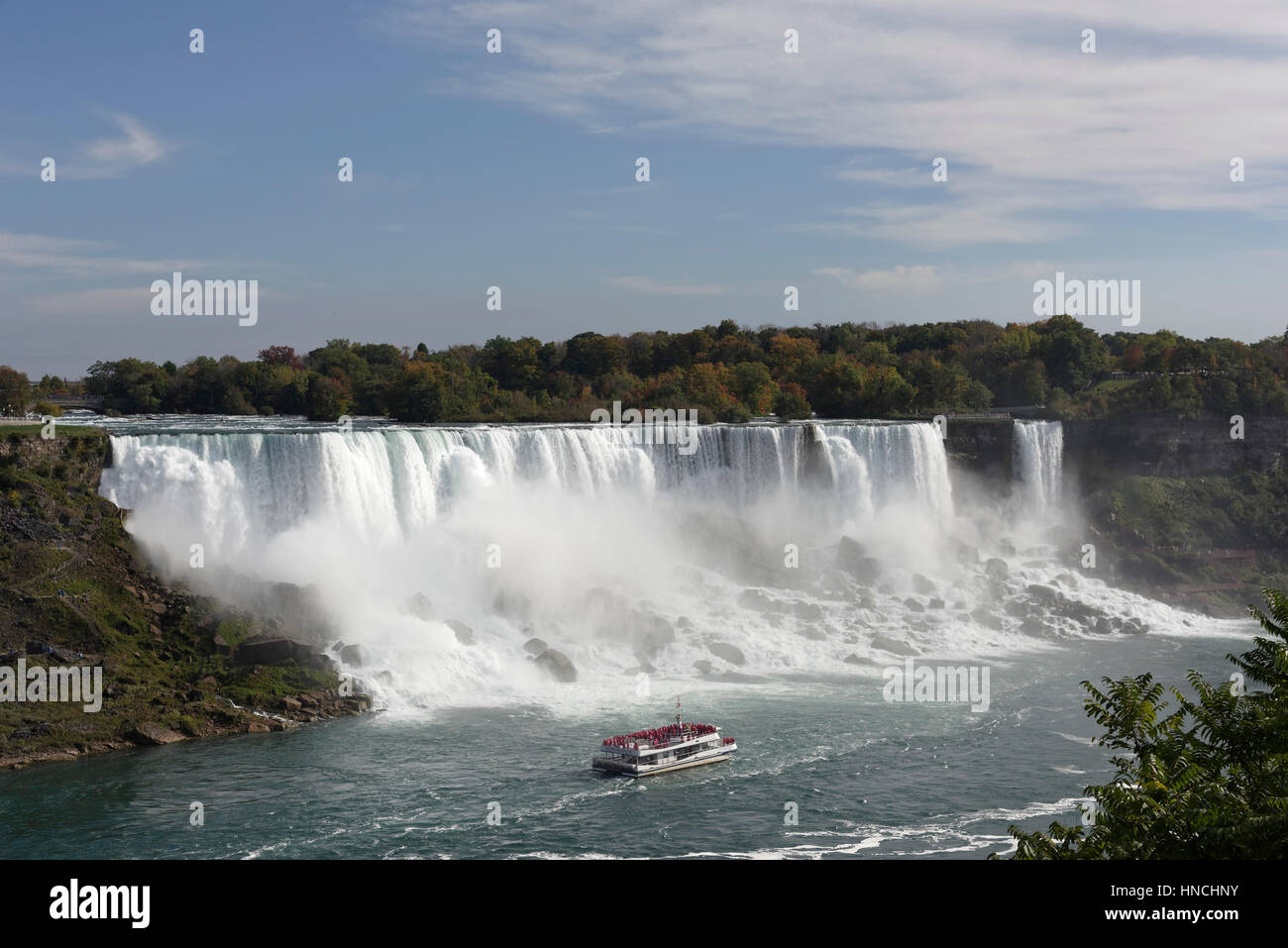 American Falls with tourist boat, Niagara Falls Centre, Niagara Falls, Ontario Province, Canada Stock Photo