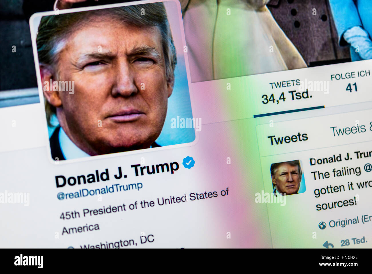 Official Twitter Page of Donald J. Trump, @realDonaldTrump, President of the United States of America, Screenshot Stock Photo