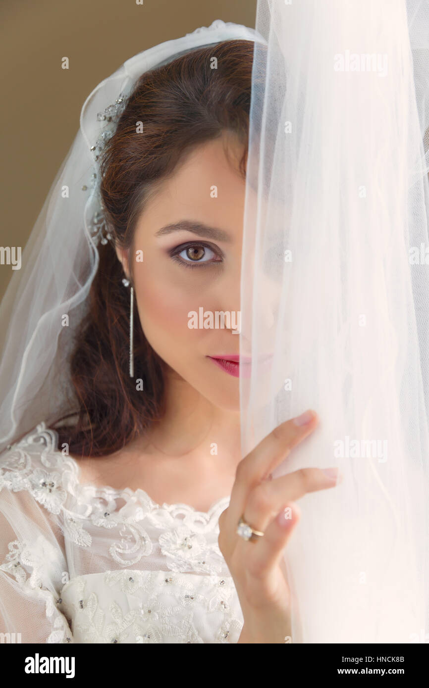 Studio shots of a gorgeous young bride in traditional white dress and veil Stock Photo