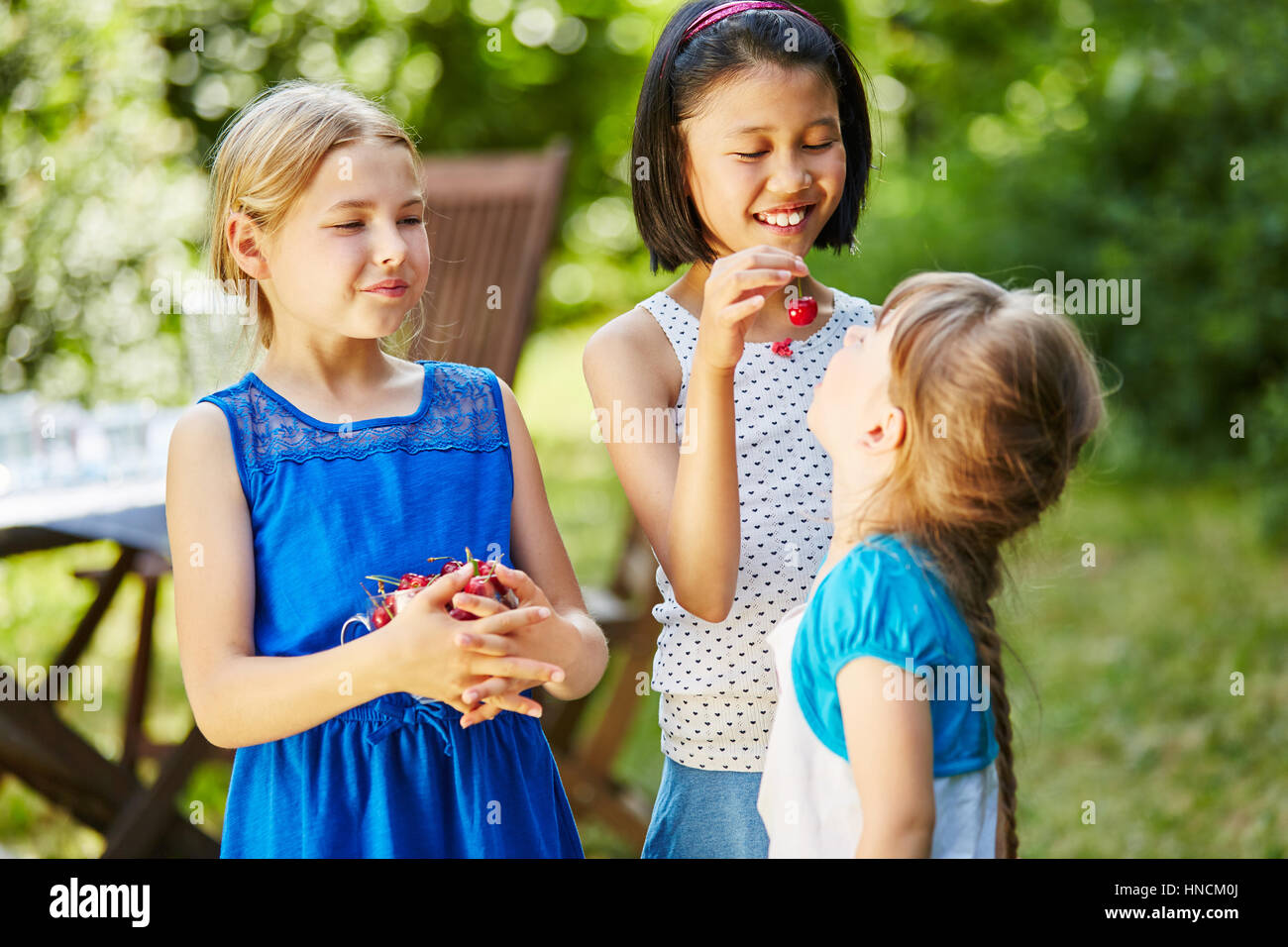 Children eating fresh cherries together in summer in the garden Stock Photo