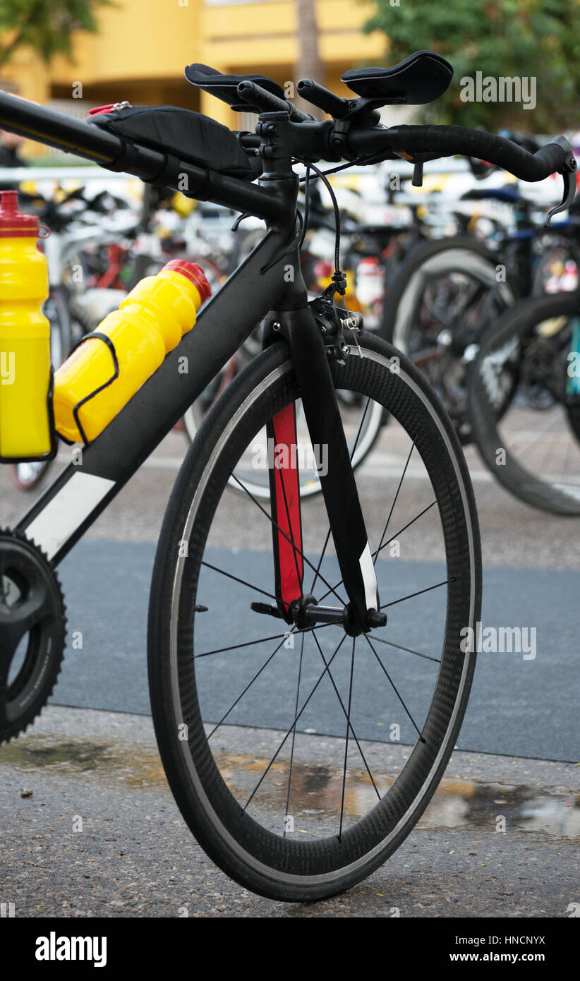 Bicycle after race on the street. Stock Photo