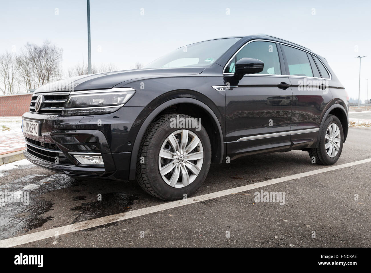 Hamburg, Germany - February 10, 2017: Outdoor photo of second generation Volkswagen Tiguan, 4x4 R-Line. Black compact crossover vehicle CUV manufactur Stock Photo