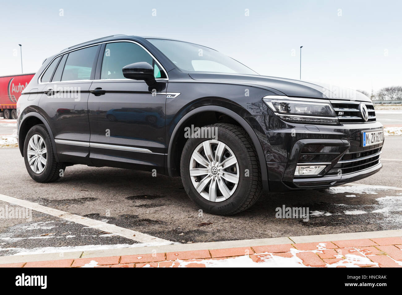 Hamburg, Germany - February 10, 2017: Outdoor photo of second generation Volkswagen Tiguan, 4x4 R-Line. Black compact crossover vehicle CUV by German  Stock Photo