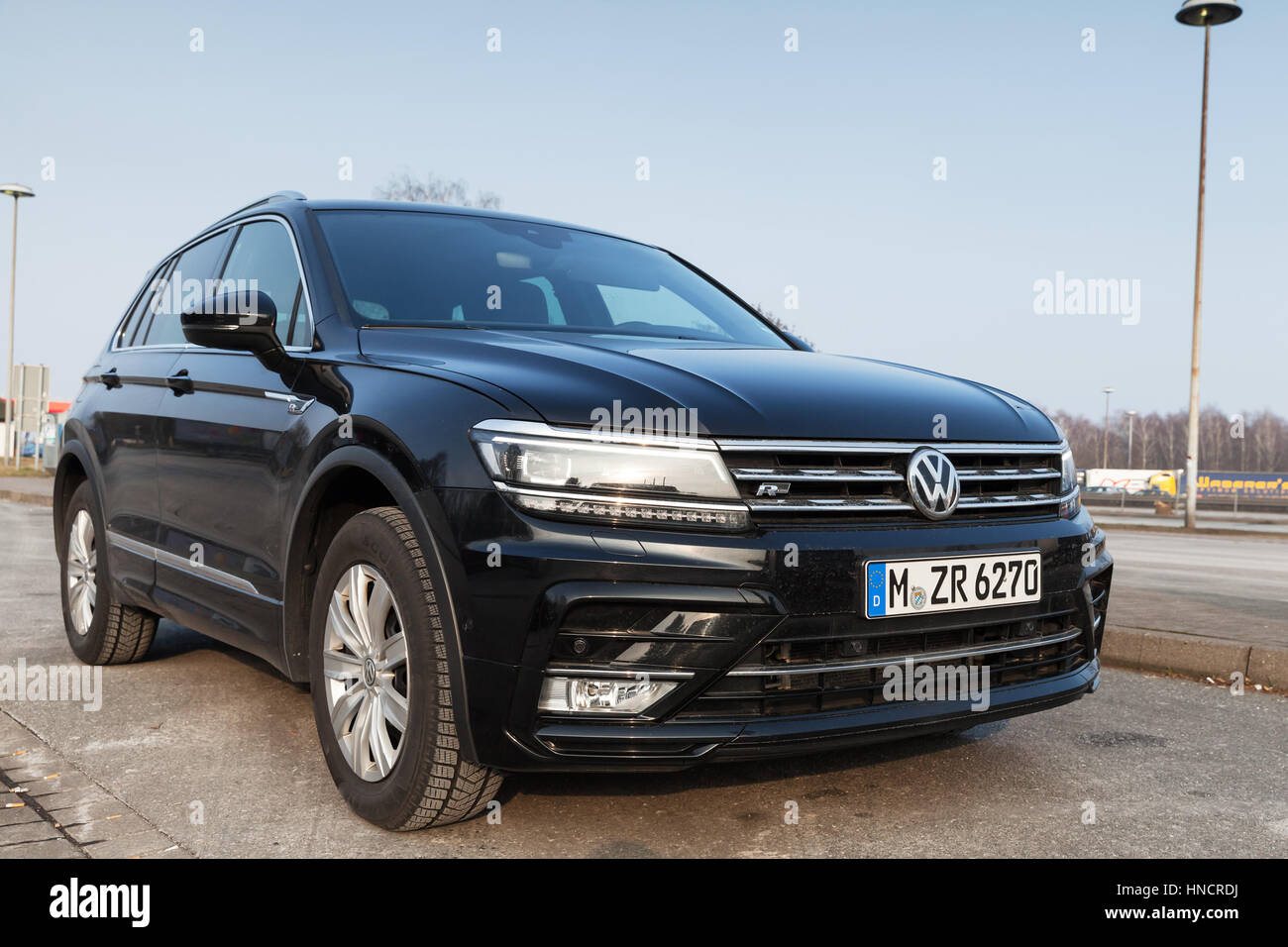 Hamburg, Germany - February 10, 2017: Outdoor photo of second generation Volkswagen Tiguan, 4x4 R-Line. Black compact crossover vehicle CUV manufactur Stock Photo