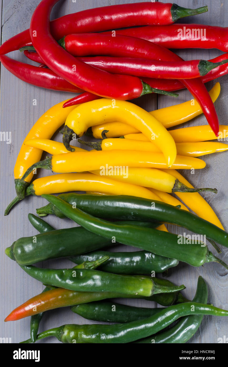 Red, green and yellow mexican hot chili peppers Stock Photo - Alamy