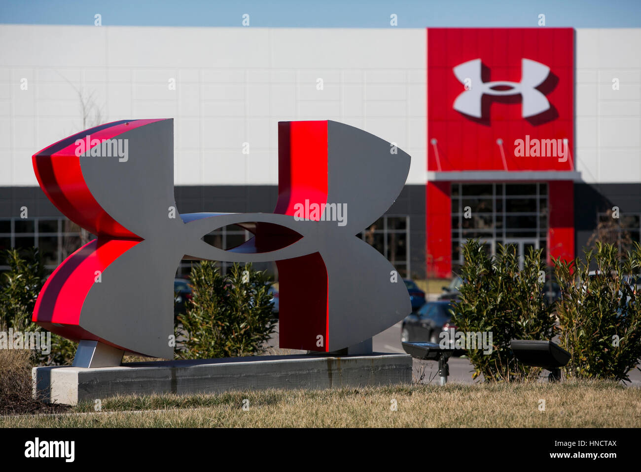 A logo sign outside of a facility occupied by Under Armour, Inc., in Mt