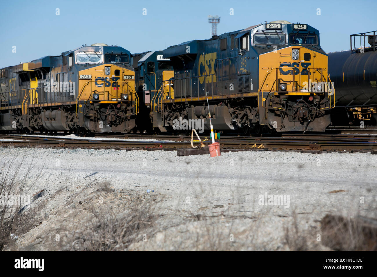 CSX Locomotives and train cars on a railroad siding in Nashville, Tennessee on February 4, 2017. Stock Photo