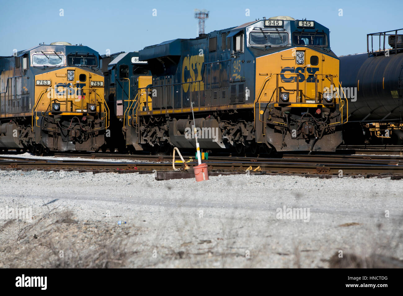 CSX Locomotives and train cars on a railroad siding in Nashville, Tennessee on February 4, 2017. Stock Photo