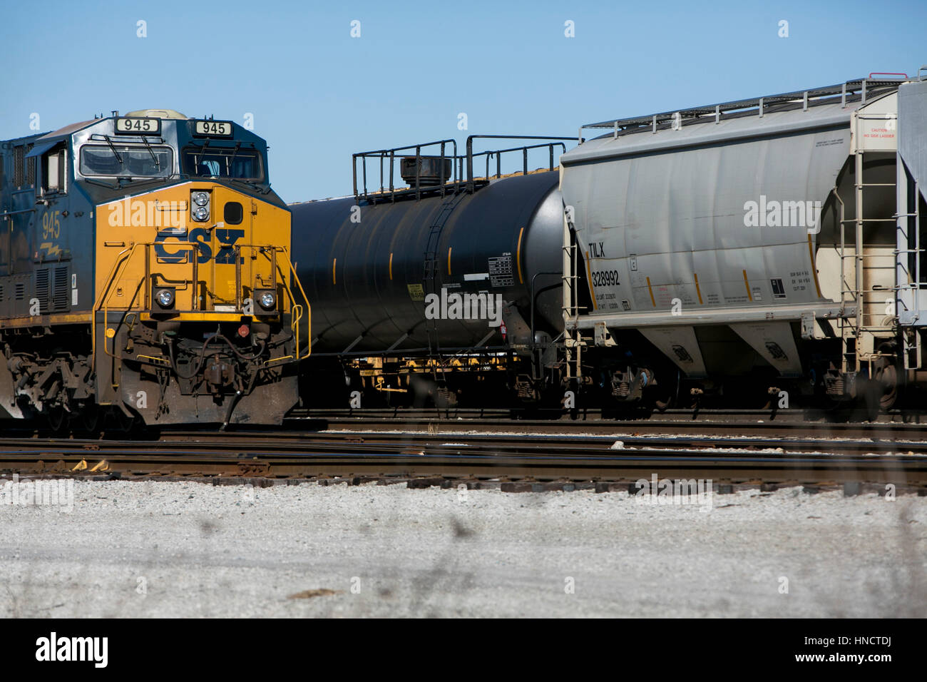 CSX Locomotives and train cars on a railroad siding in Nashville, Tennessee on February 4, 2017. Stock Photo