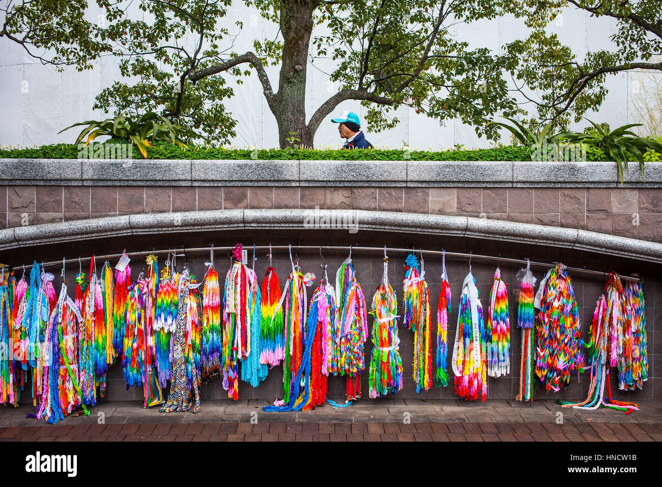 Origami wreaths, paper cranes representing peace, at Atomic Bomb Hypocenter, Nagasaki. Japan Stock Photo