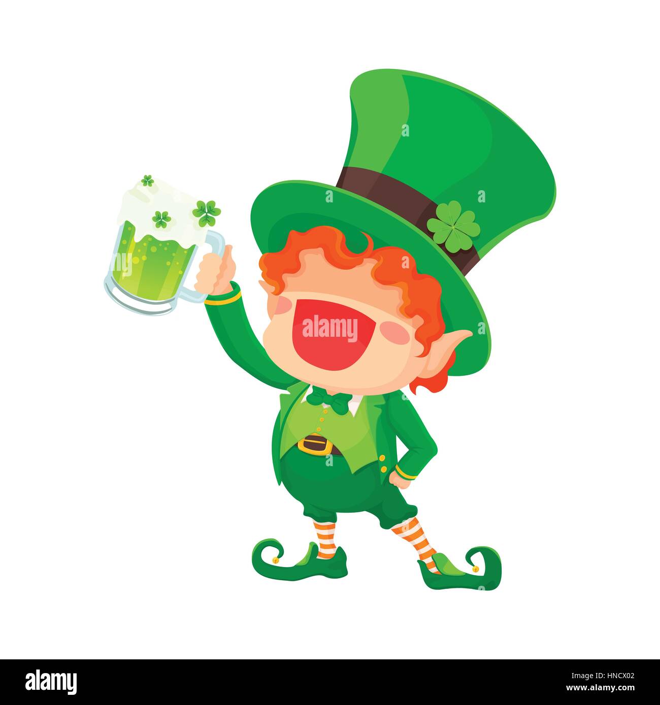 Vector Illustration of St. Patrick's Day Happy Leprechaun With Mug of Green Beer for Greeting Card. Stock Vector
