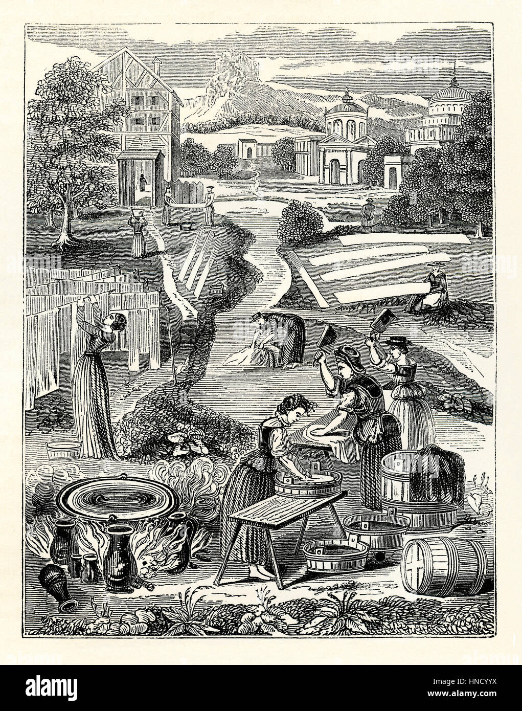 Women washing clothes and linen outdoors, hanging or laying out to dry at what are called the 'washing grounds' – an old engraving c. 1700 Stock Photo