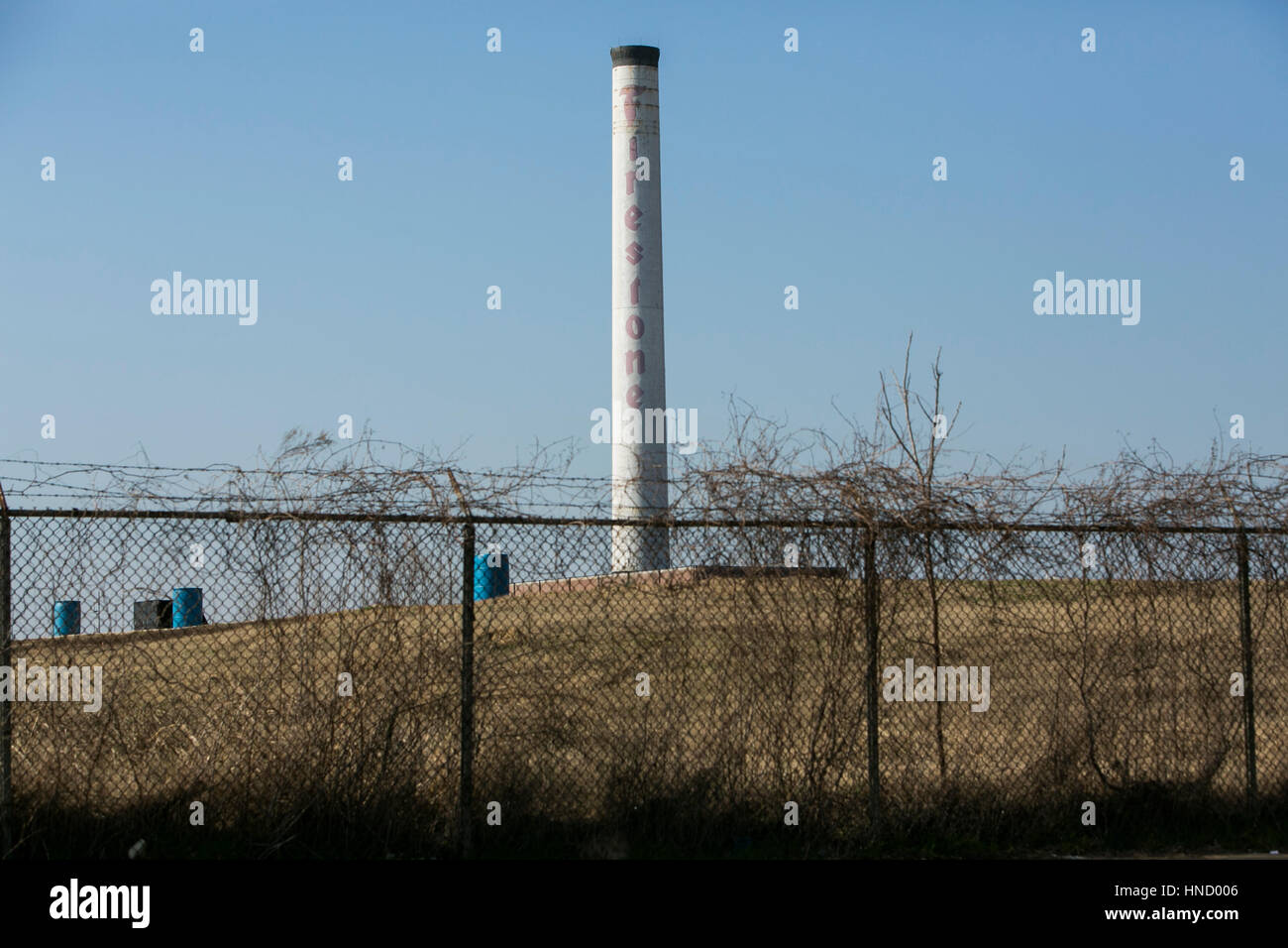 The smokestack of the former Firestone tire factory in Memphis