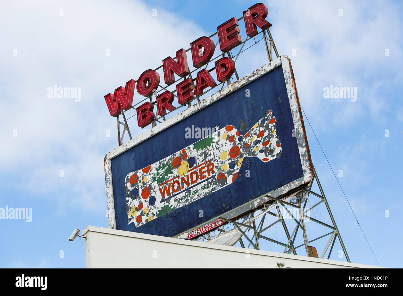 A logo sign outside of the abandoned Wonder Bread and Hostess Cake