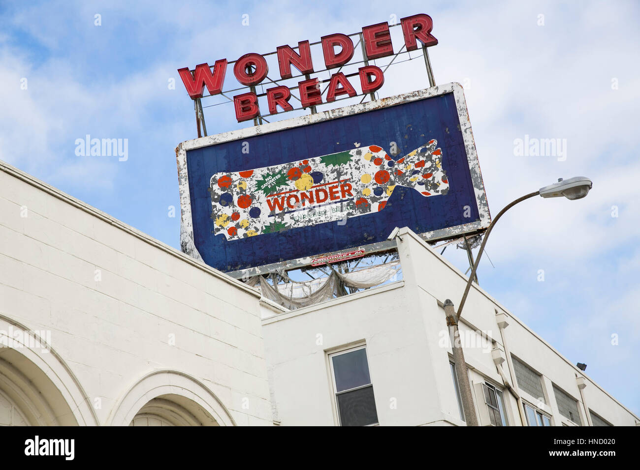 A logo sign outside of the abandoned Wonder Bread and Hostess Cake