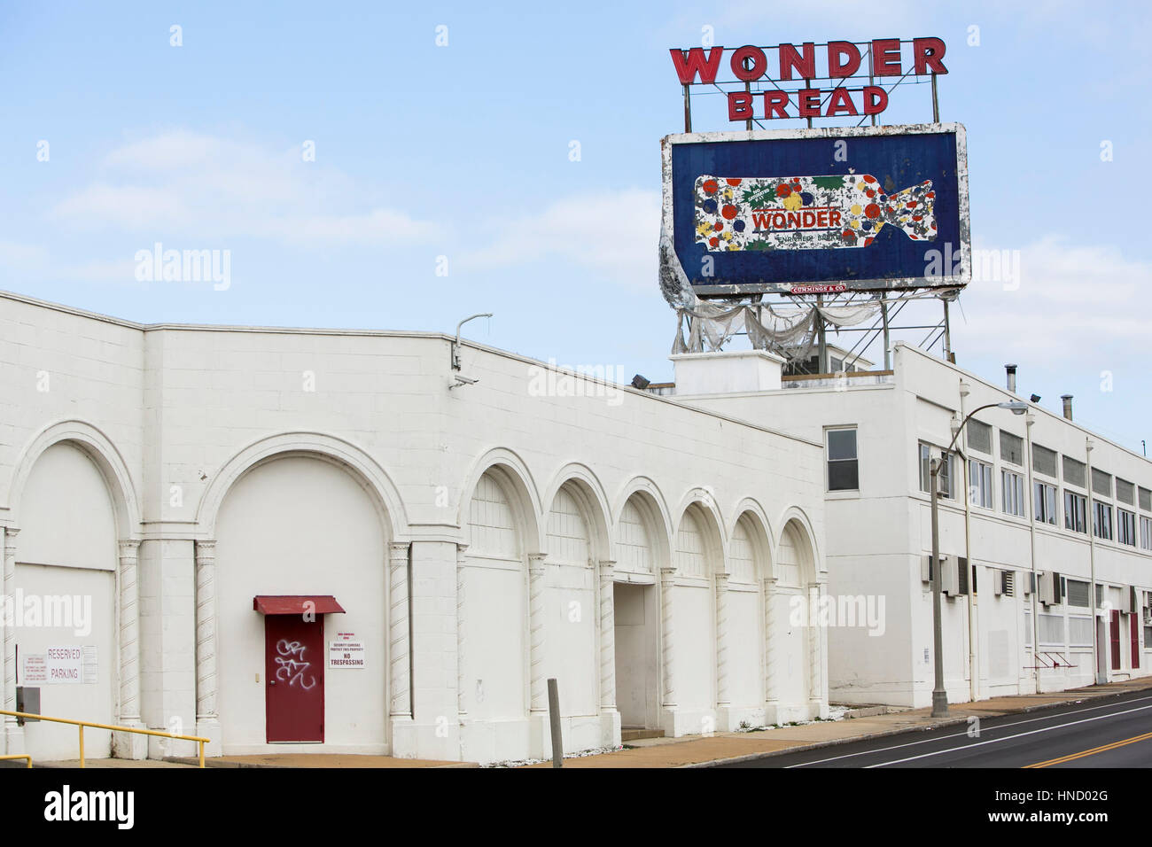 A logo sign outside of the abandoned Wonder Bread and Hostess Cake