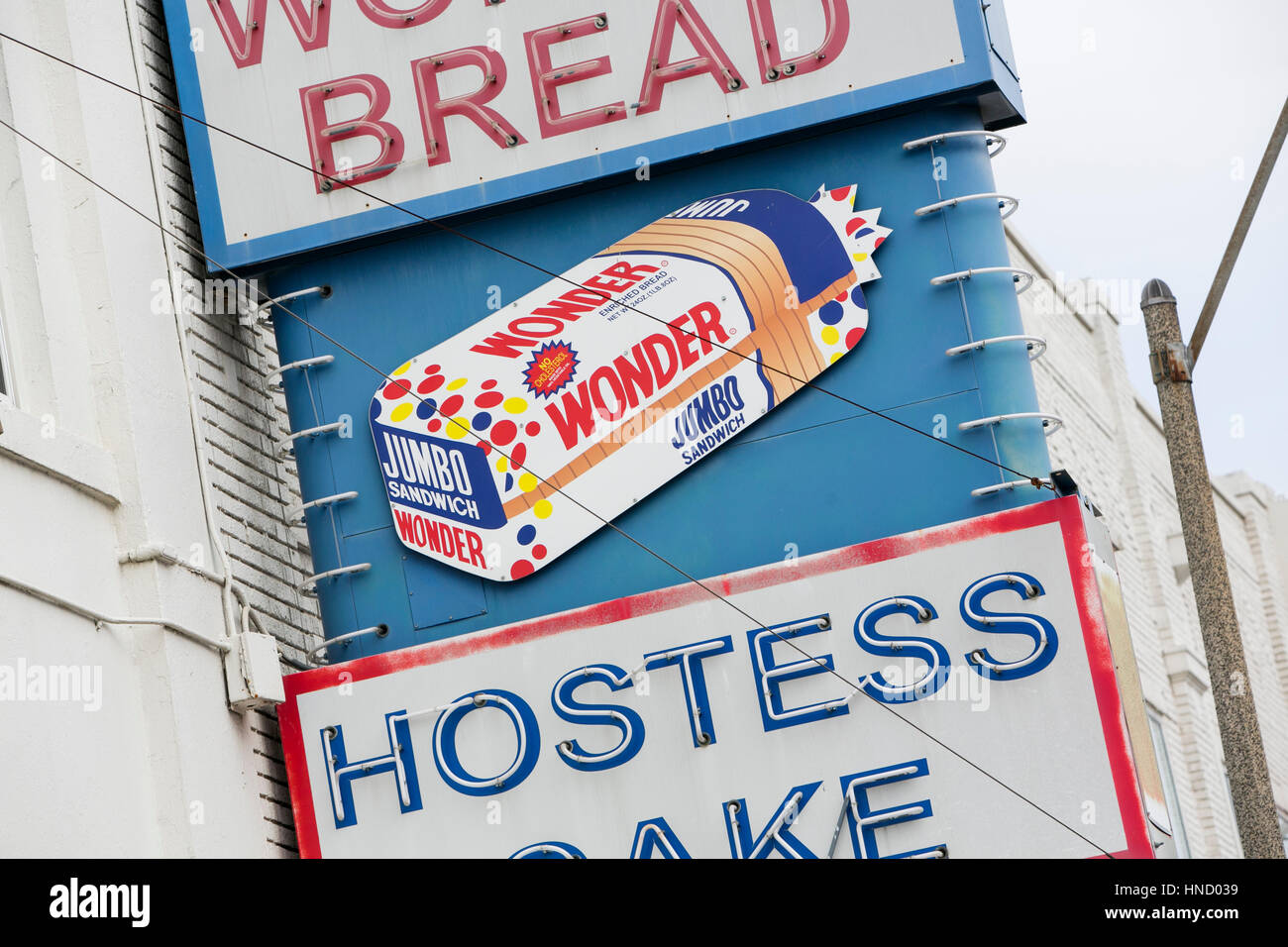 A logo sign outside of the abandoned Wonder Bread and Hostess Cake