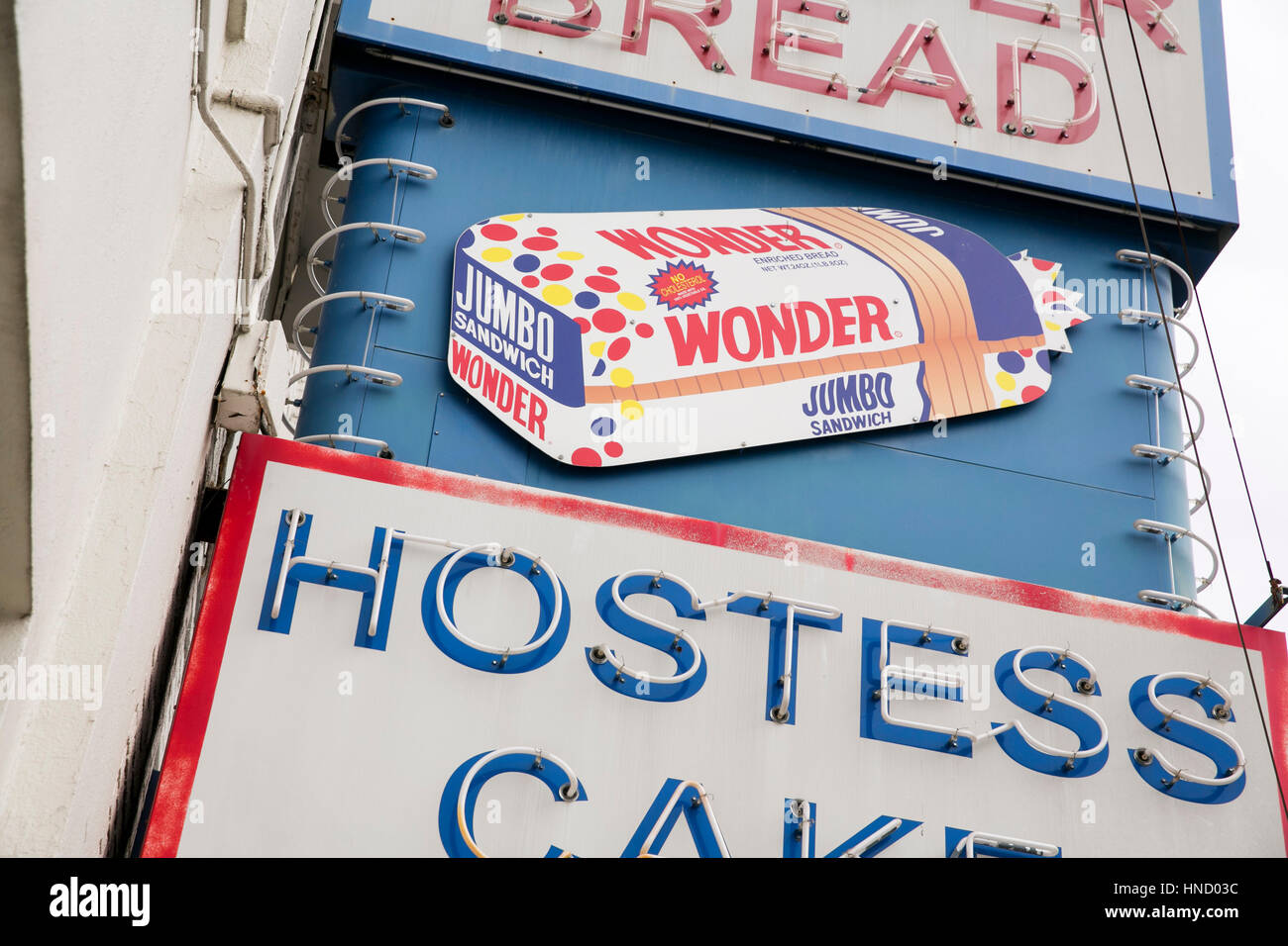 A logo sign outside of the abandoned Wonder Bread and Hostess Cake factory in Memphis, Tennessee on February 5, 2017. Stock Photo