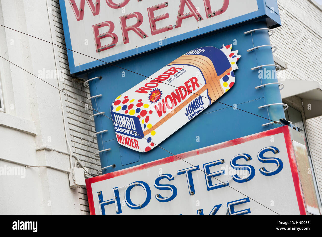 A logo sign outside of the abandoned Wonder Bread and Hostess Cake