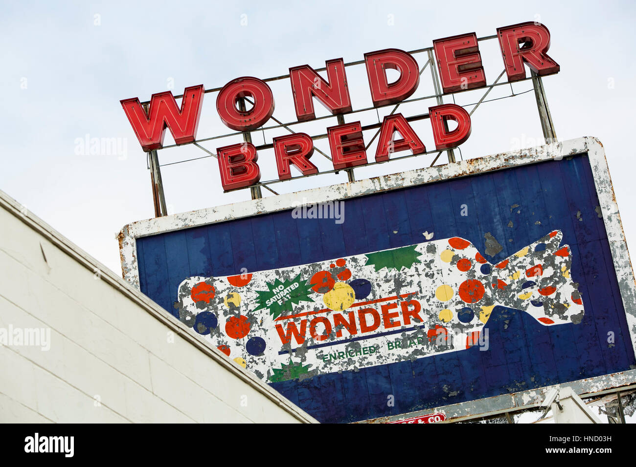 A logo sign outside of the abandoned Wonder Bread and Hostess Cake
