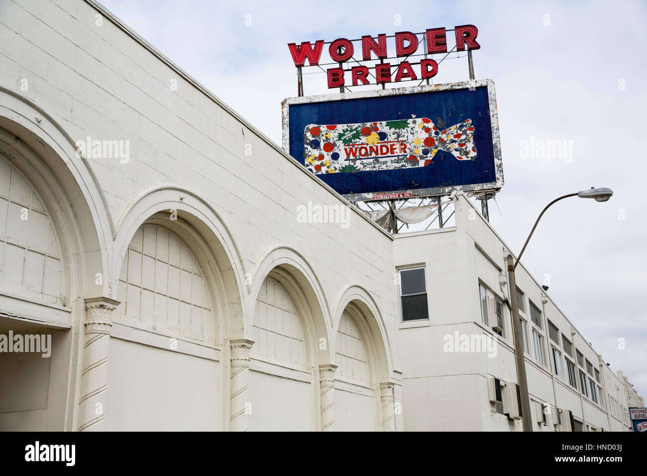 A logo sign outside of the abandoned Wonder Bread and Hostess Cake