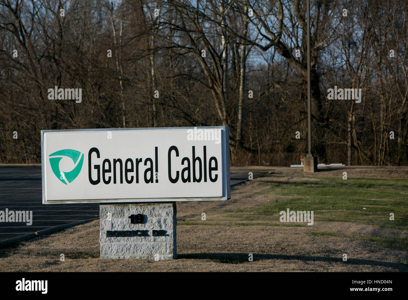 A logo sign outside of a facility occupied by General Cable in Jackson