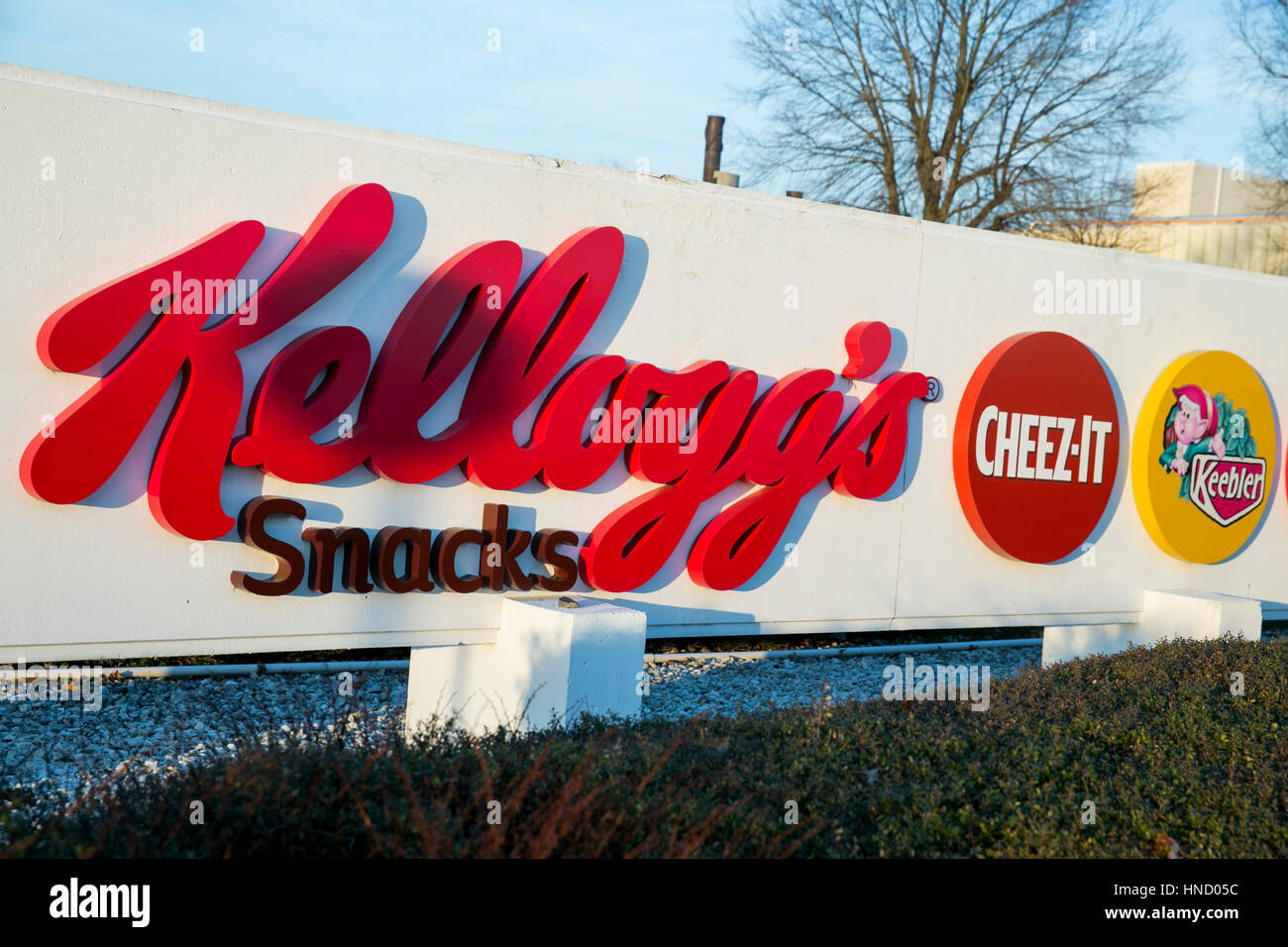 A logo sign outside of the Kellogg's Snacks factory in Jackson, Tennessee on February 5, 2017