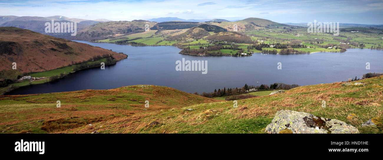 Summer; July; August, High view of Ullswater from Swarth Fell, Lake District National Park, Cumbria County, England, UK. Stock Photo