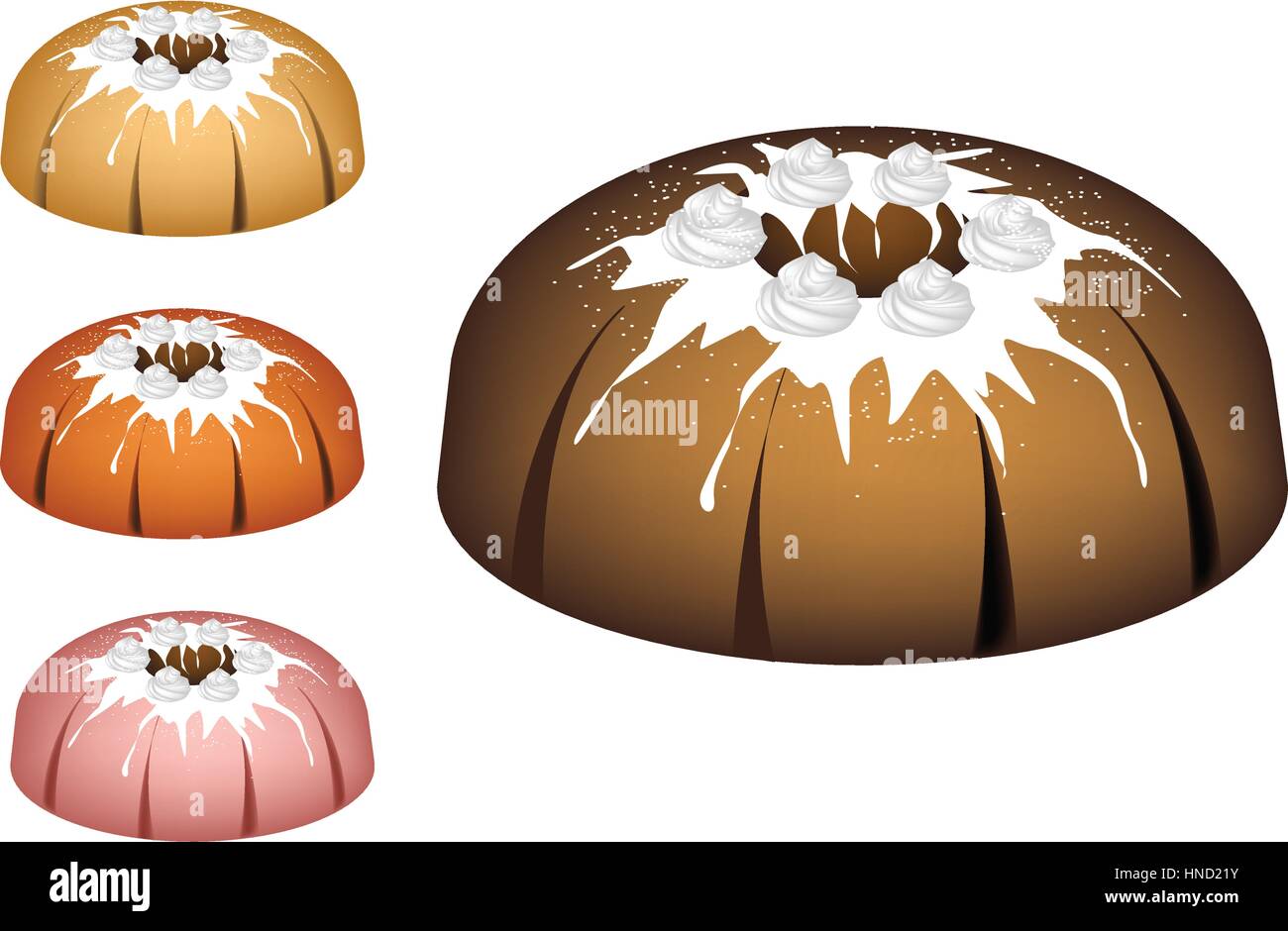 Illustration Set of Bundt Cake or Traditional Big Round Cake with Hole Inside, Mirror Glaze Coating and Icing for Holiday Dessert Isolated on White Ba Stock Vector