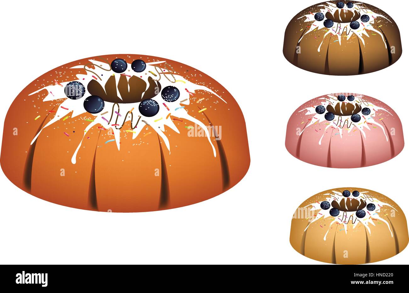 Illustration Set of Bundt Cake or Traditional Big Round Cake with Hole Inside, Mirror Glaze Coating, Blueberry and Chocolate Sprinkles for Holiday Des Stock Vector