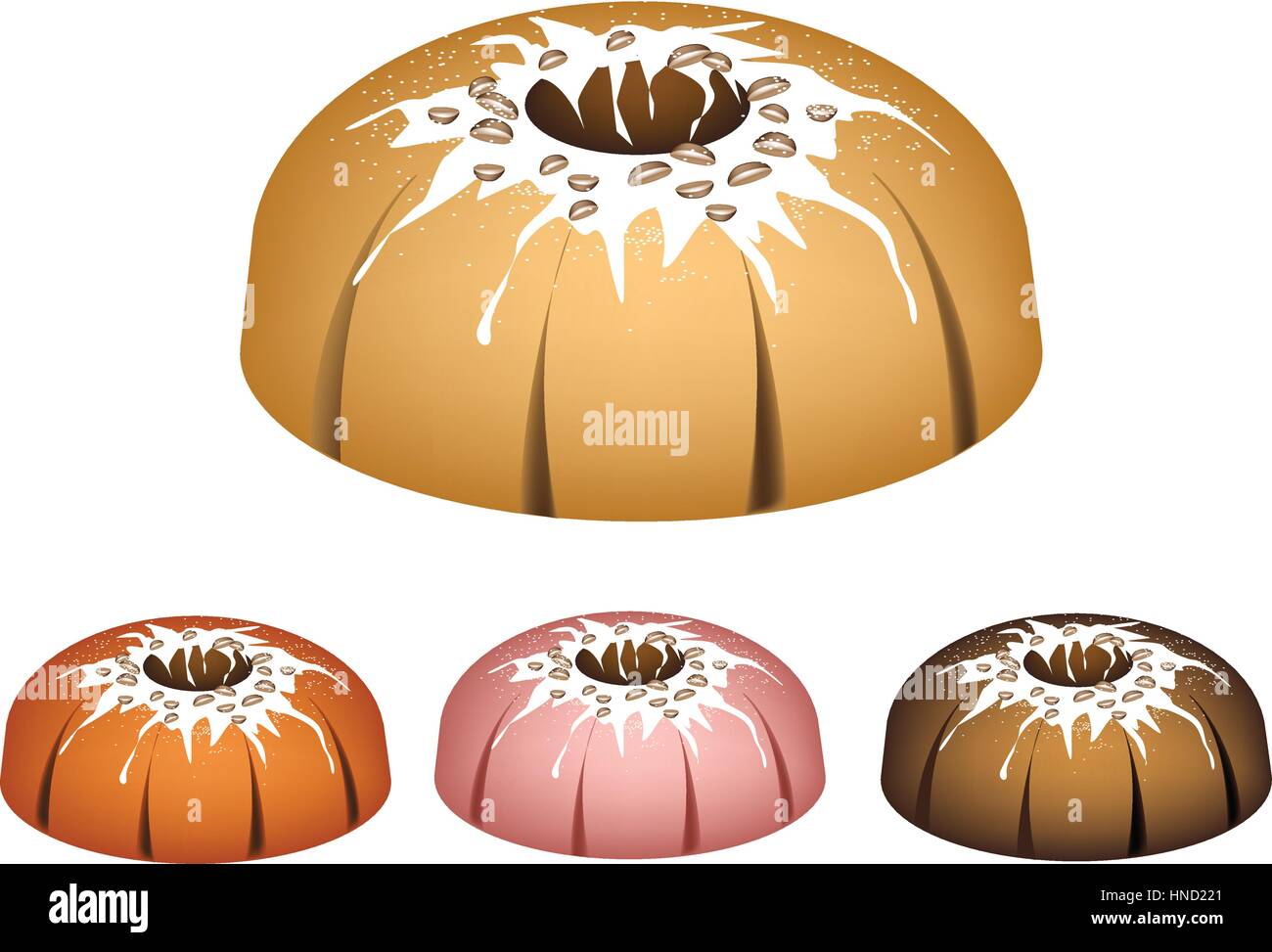 Illustration Set of Bundt Cake or Traditional Big Round Cake with Hole Inside, Mirror Glaze Coating and Chocolate Sprinkles for Holiday Dessert Isolat Stock Vector