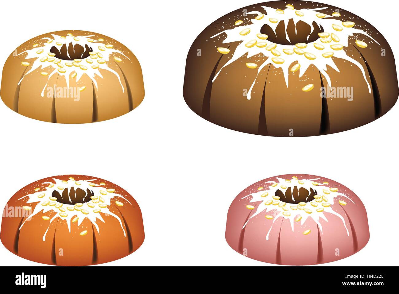 Illustration Set of Bundt Cake or Traditional Big Round Cake with Hole Inside, Mirror Glaze Coating and Chocolate Sprinkles for Holiday Dessert Isolat Stock Vector