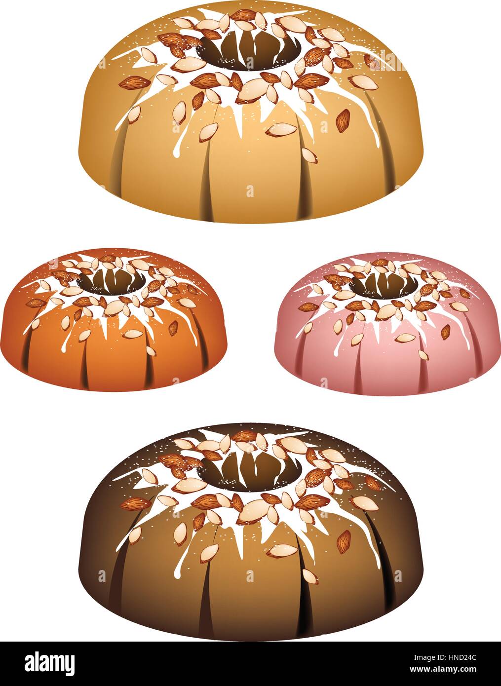 Illustration Set of Bundt Cake or Traditional Big Round Cake with Hole Inside, Mirror Glaze Coating and Almonds for Holiday Dessert Isolated on White  Stock Vector