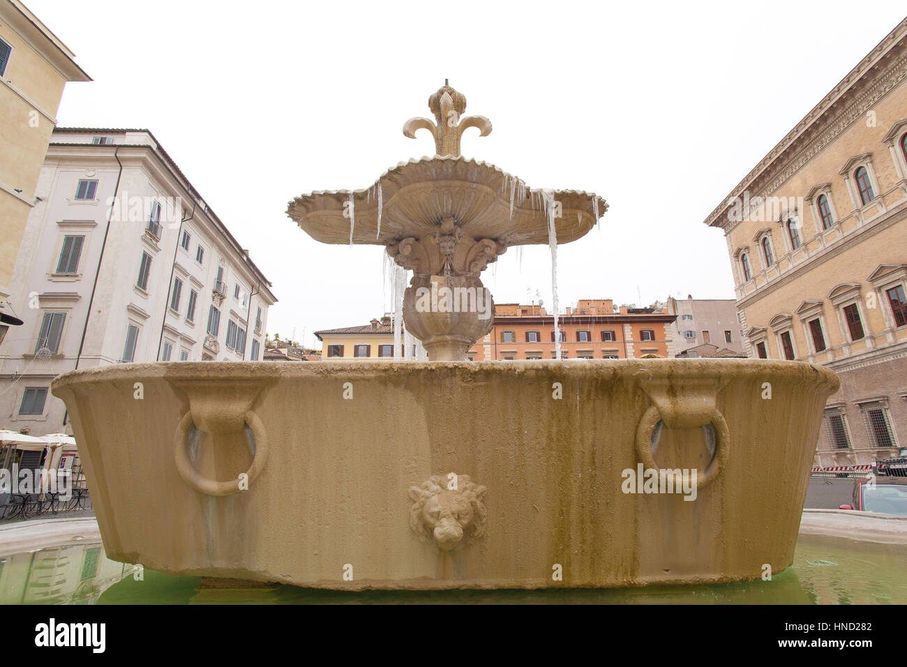 Twin Fountains with cicicle in piazza Farnese, rome Stock Photo