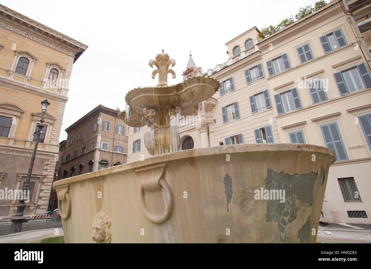 Twin Fountains with cicicle in piazza Farnese, rome Stock Photo