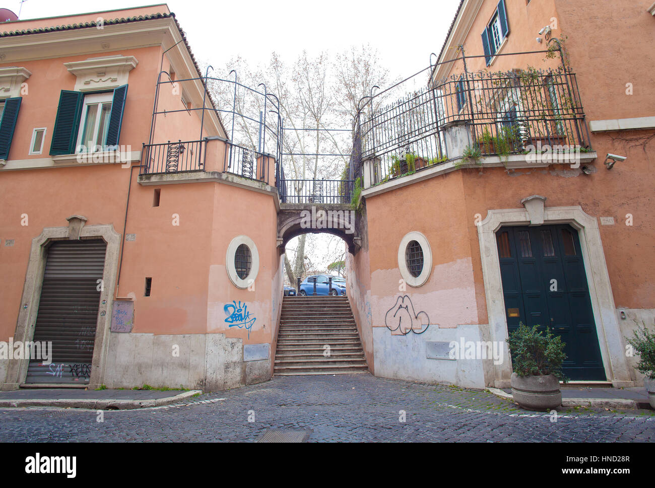 Rome, Italy - January 8, 2017: French Consulate building in Rome, details of the stairs leading to the Tiber River Stock Photo
