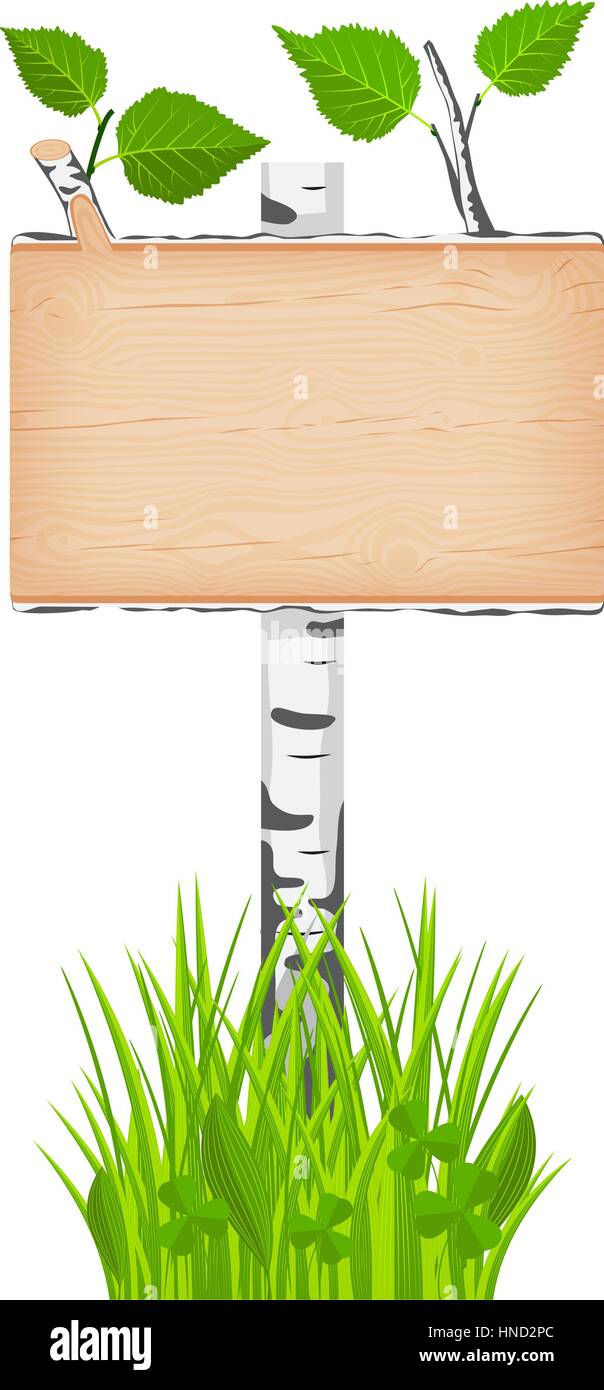 Birch wooden rectangular signboard with green leaves on a pole at the grass lawn vector illustration Stock Vector