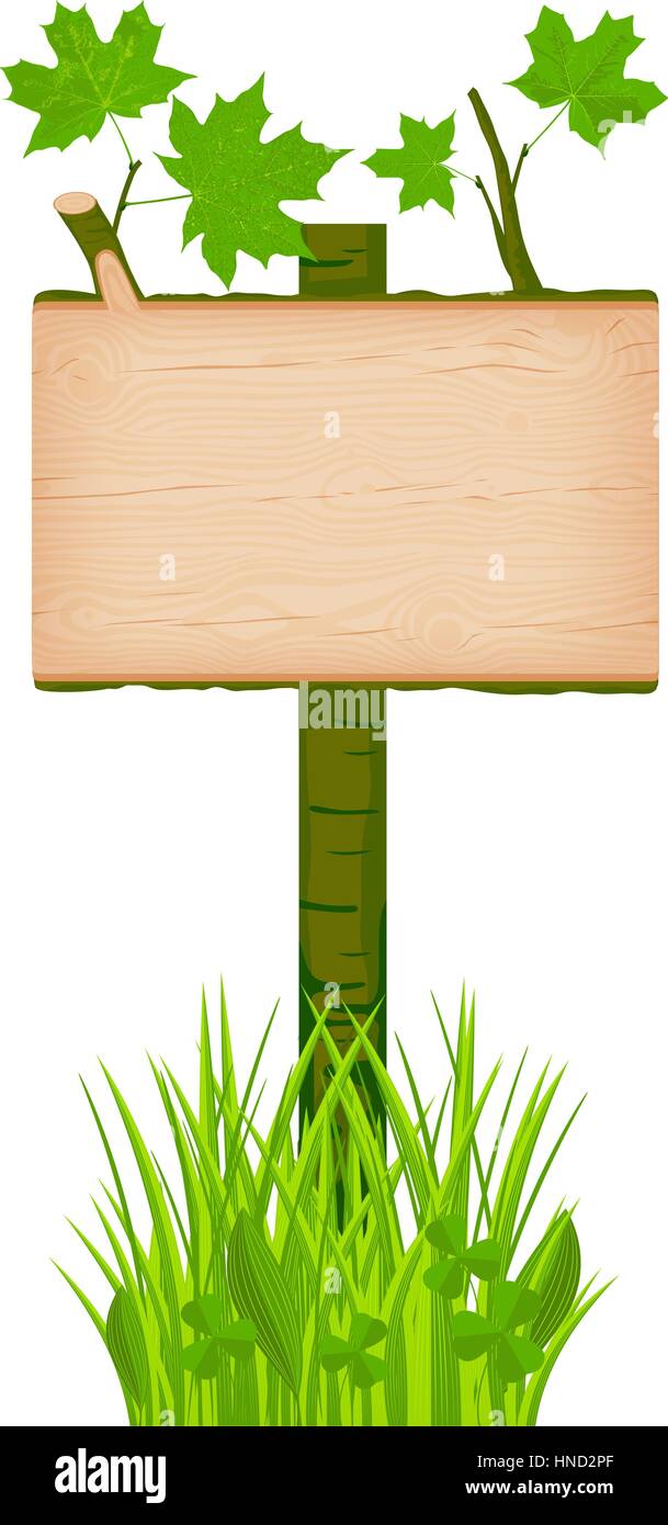 Maple wooden rectangular signboard with green leaves on a pole at the grass lawn vector illustration Stock Vector