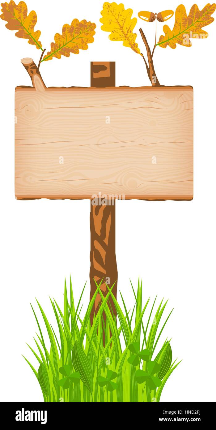 Oak wooden rectangular signboard with green leaves on a pole at the grass lawn vector illustration Stock Vector