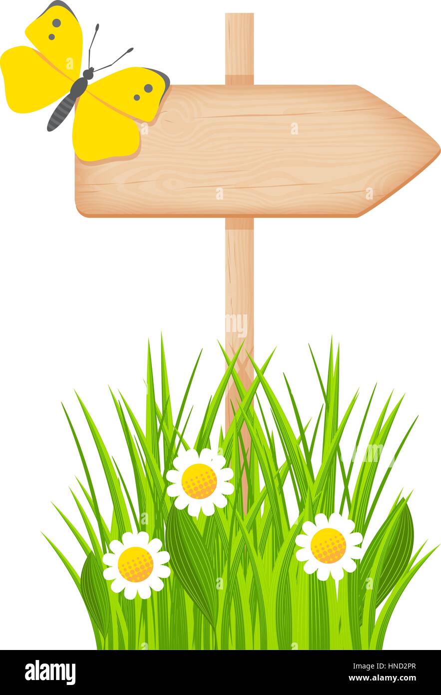 Wooden arrow signboard with knots and cracks on a pole at the grass lawn with flowers and butterfly vector illustration Stock Vector