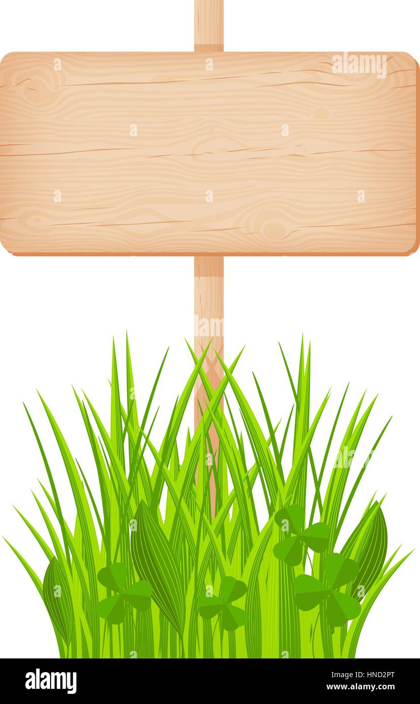 Wooden rectangular signboard with knots and cracks on a pole at the grass lawn vector illustration Stock Vector
