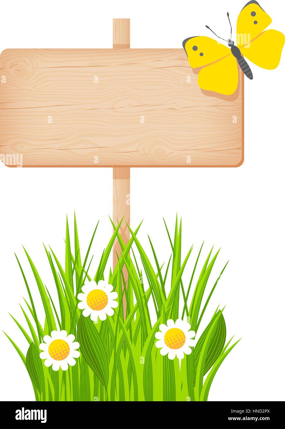 Wooden rectangular signboard with knots and cracks on a pole at the grass lawn with flowers and butterfly vector illustration Stock Vector
